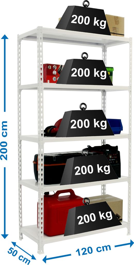 PROREGAL Schwerlastregal BIG METAL SHARK | HxBxT 200x120x50cm | Fachlast 200kg | Weiß