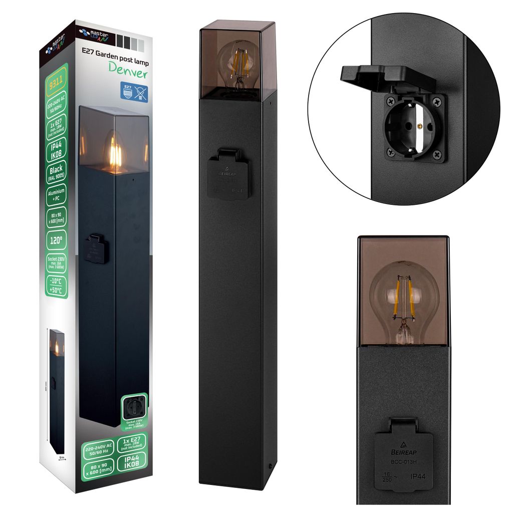MasterLED Außenleuchte IP44 mit 230V Steckdose E27 60 cm Produktbild 