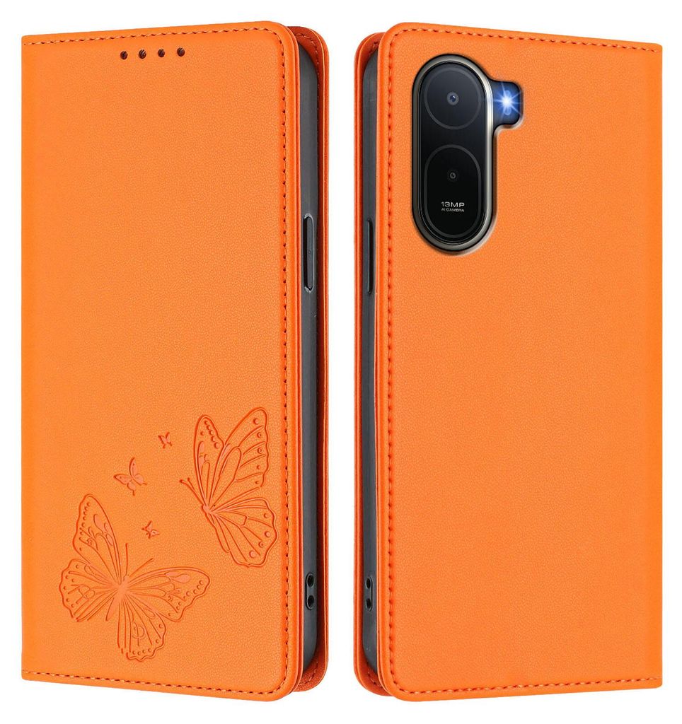 Lederhülle für Xiaomi Redmi A7 Pro, Schmetterling Prägung Leder Brieftasche Schutzhülle mit Ständer Orange