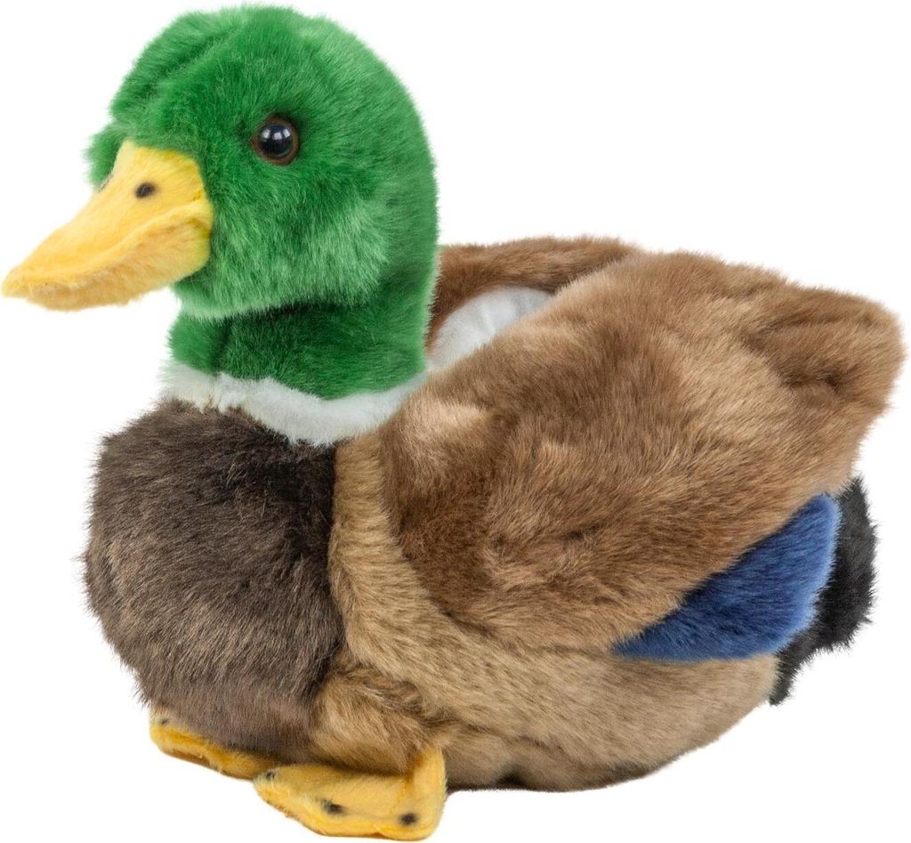 A plush toy duck is shown from a side-angle against a white background.