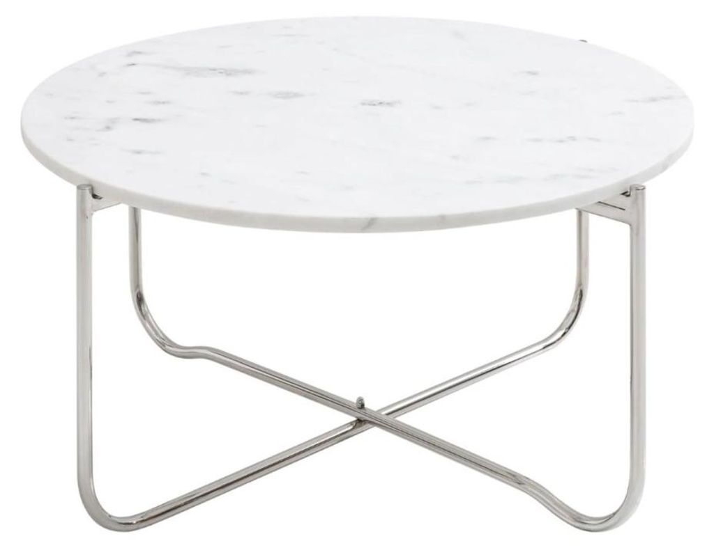 Runde Couchtisch VINTORA aus weißem Marmor und silbernem Metall – eleganter, moderner Klappdesign
