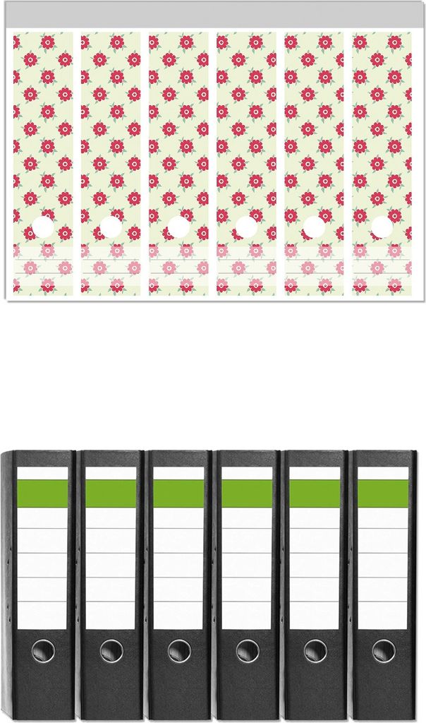 Wallario 6 Stück breite Ordner inkl. Klebeetiketten mit Motive Muster mit Blüten und Blättern - Set mit Rückenschildern / Ordnerrücken Stickern