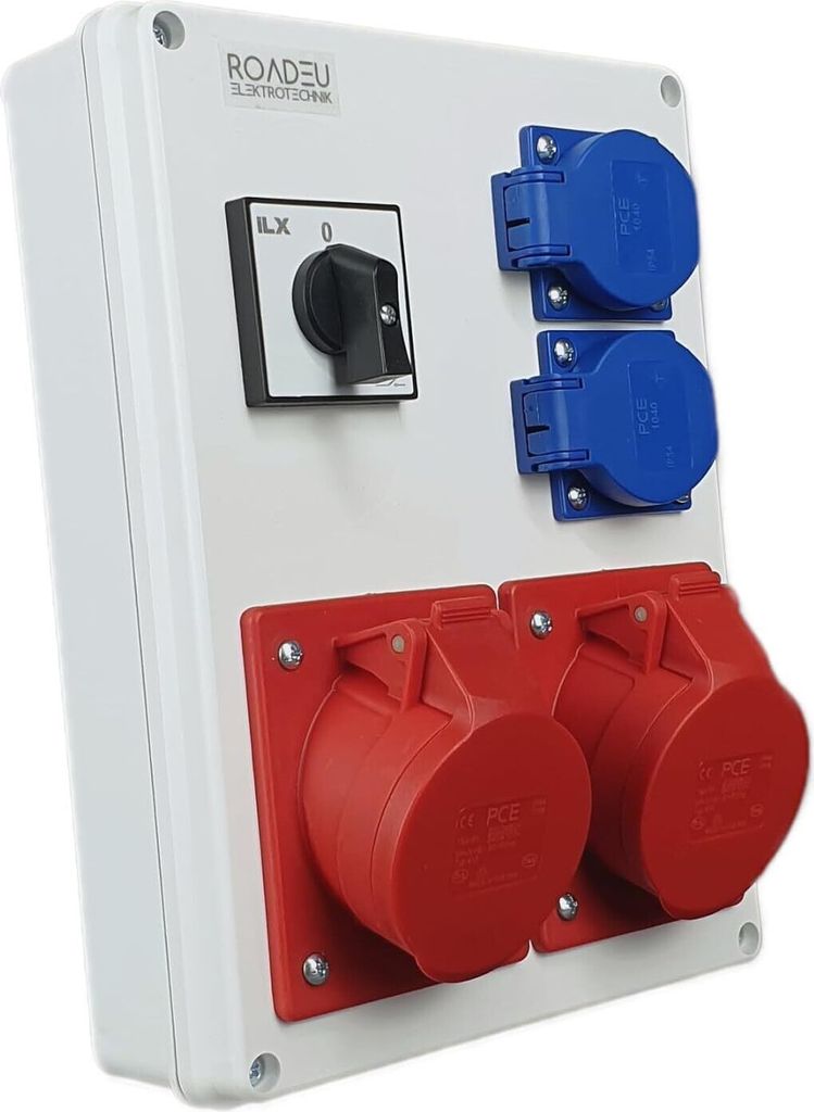 RoadEu - Steckdosenverteiler - 2x CEE 16A Steckdose mit Schalter und Schuko 230V - Stromverteiler mit Hauptschalter 0-1. Starkstrom Verteiler CEE 16A