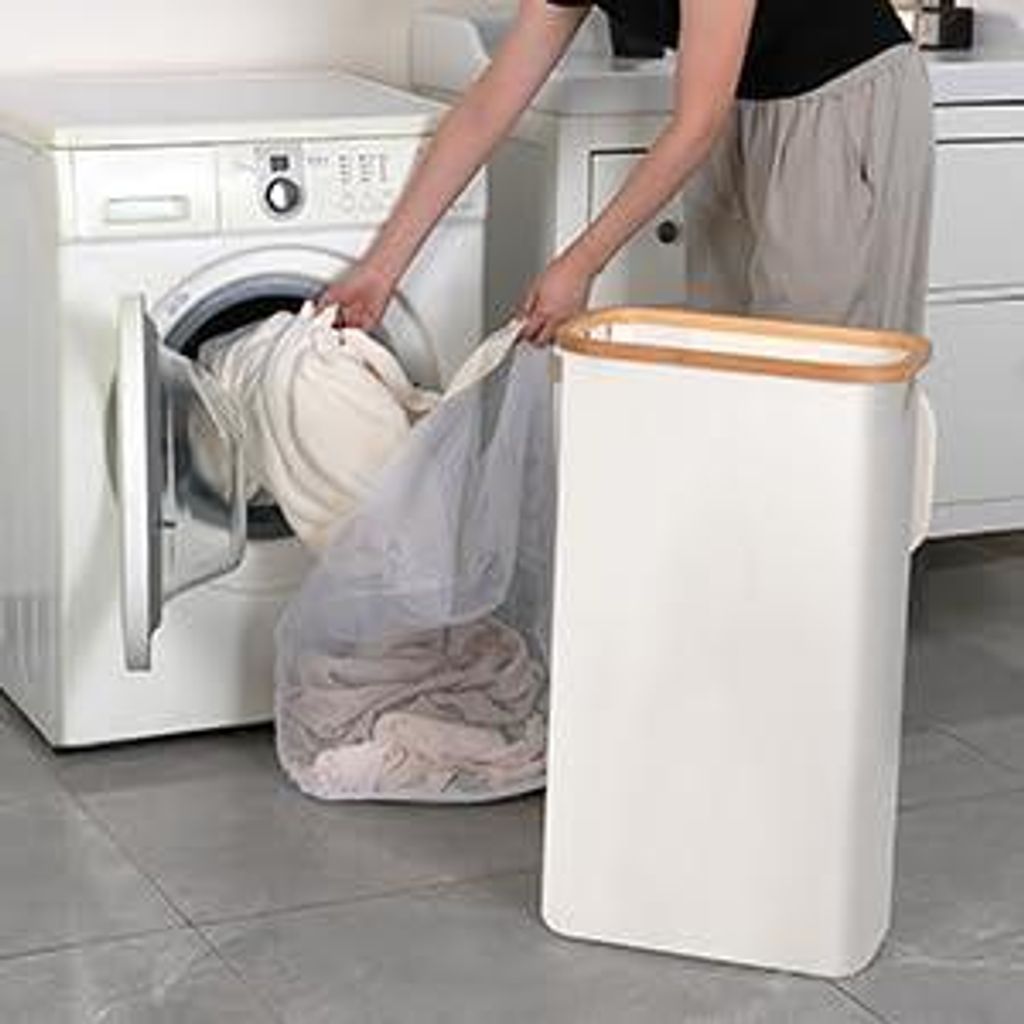 Schlanke Wäschekorb mit Deckel - 63 Liter - Beige - Zusammenklappbar