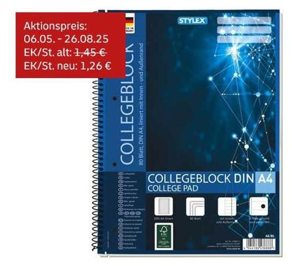 Stylex Collegeblock Spirale DIN A4 – liniert Produktbild 