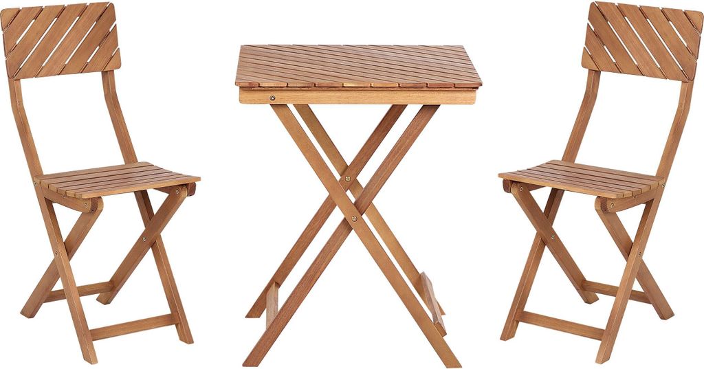 A wooden balcony set with two chairs and a table, displayed against a white background.