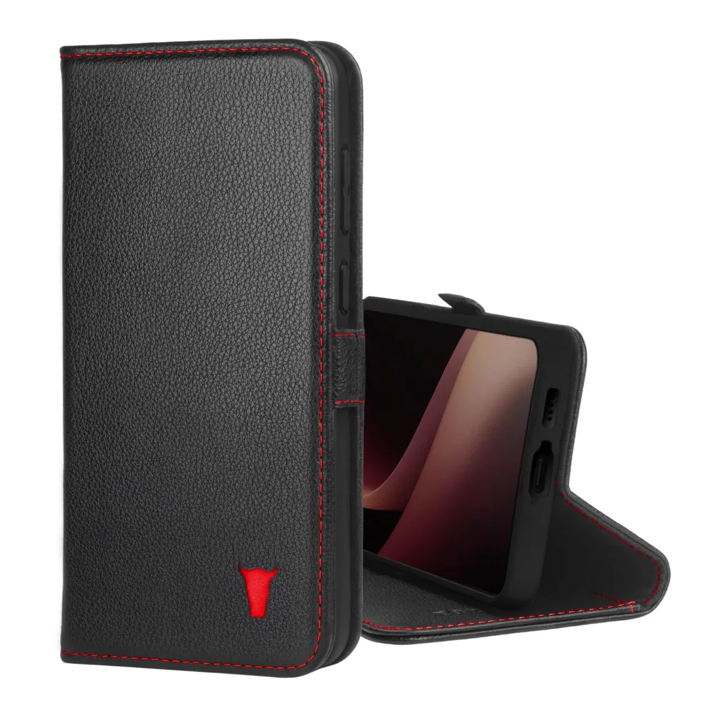 Étui TORRO Galaxy A55 en cuir noir avec détails rouges et support