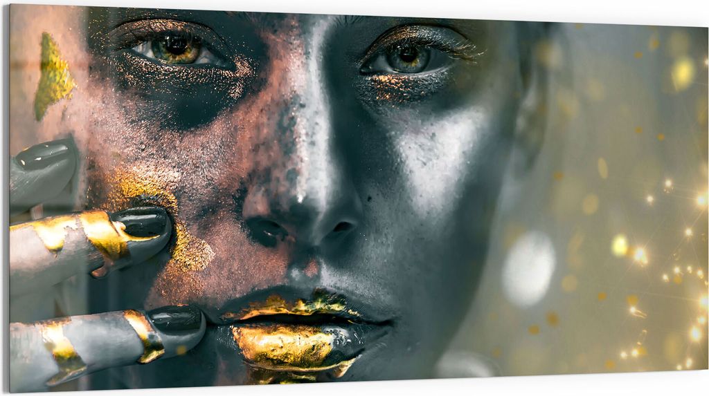 DEQORI Glasbild Echtglas 100x50 cm 'Frau mit Gold im Gesicht' Wandbild Bild modern Deko