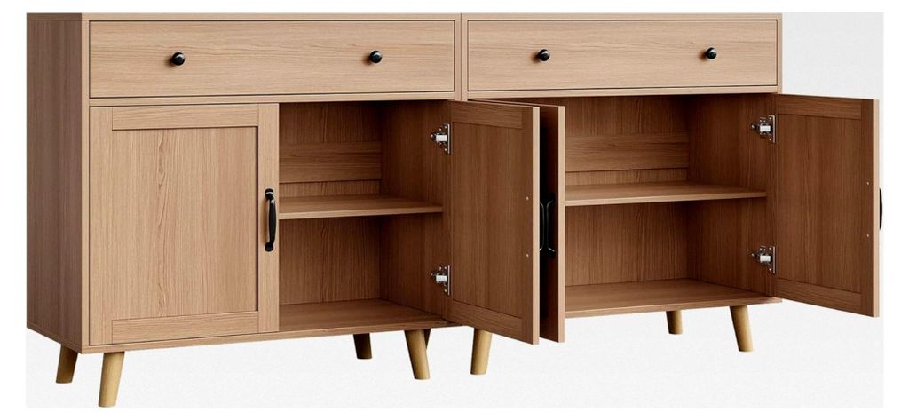 Moderner Aufbewahrungsschrank aus Naturholz mit Türen und Schublade – 3-stufig, als Bücherregal, Sideboard oder Buffet, kompakt, offene Ablage,...