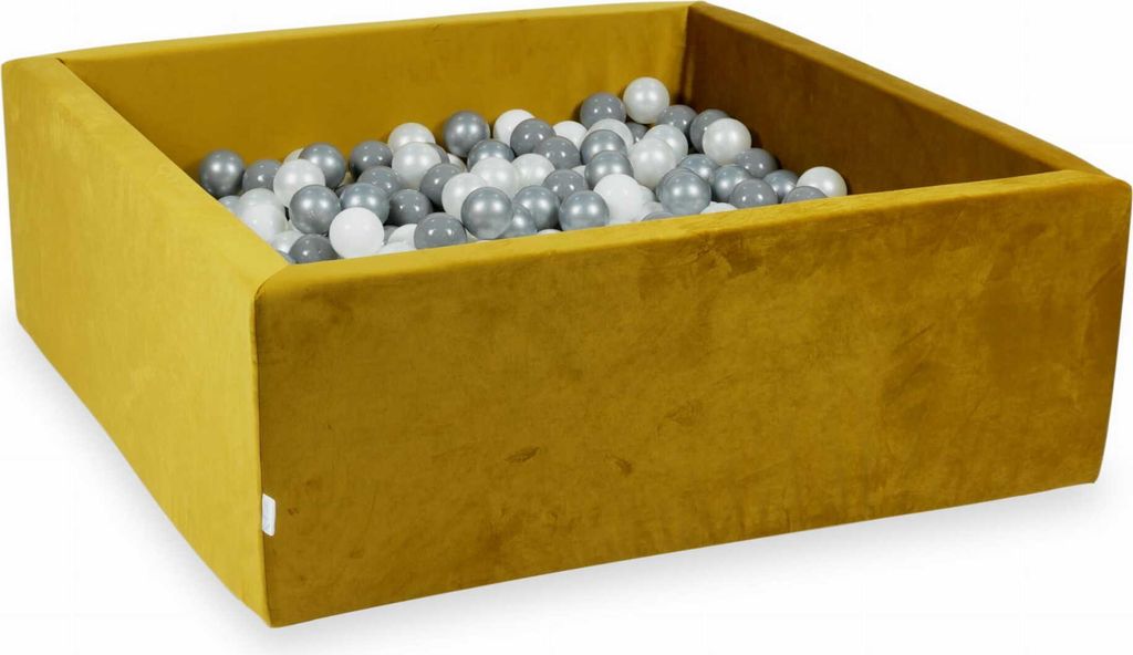 Bällebad 110x110x40 Samt Gold – Mit 600 Bällen / weiß, silber, perle, grau