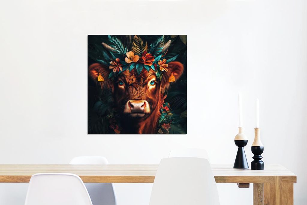 MuchoWow Wanddekoration Metall Metallbild Wandkunst 50x50 cm Schottisches Hochlandrind - Blumen - Blätter MuchoWow Aluminium Gemälde - Alubild - ...
