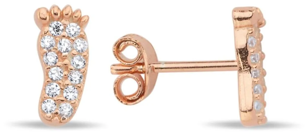 Boucles d'oreilles argent 925 rose gold empreinte de pied et zircone