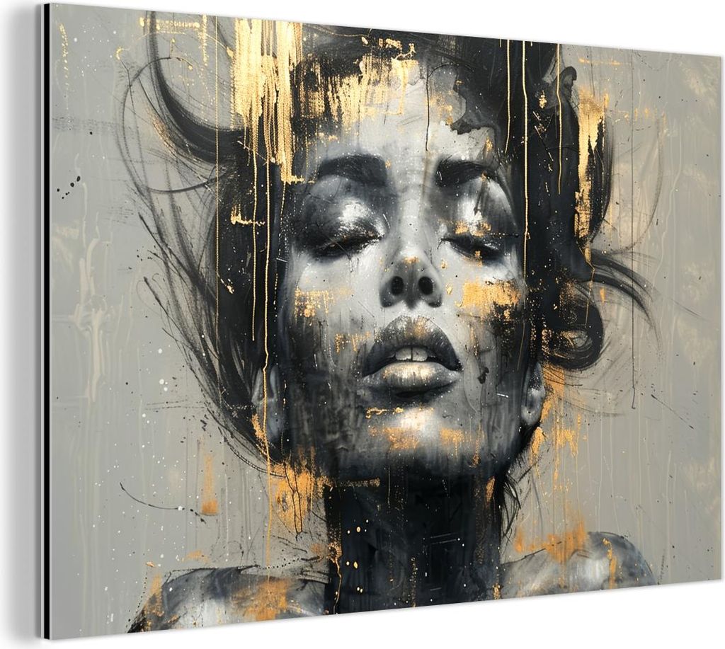 MuchoWow Wanddekoration Metall Metallbild Wandkunst 120x80 cm Frau - Kunst - Gold - Abstrakt - Glamour MuchoWow Aluminium Gemälde - Alu Bild