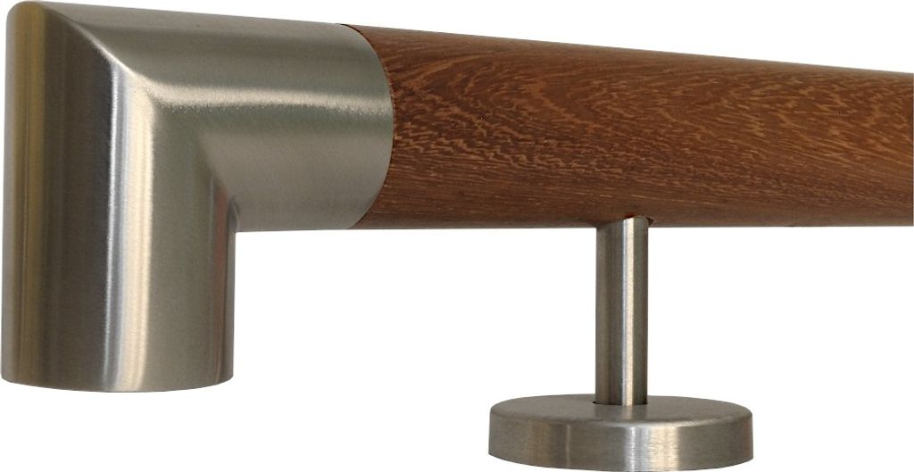 TIBU Kambala Handlauf Holz Ø 42 mm gerade Edelstahlhalter, Länge 210 cm mit 3 Halter und Ende Edelstahlecke
