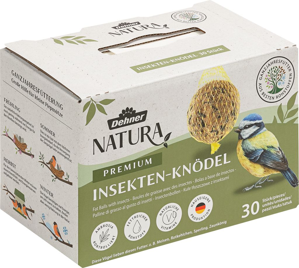 Dehner Natura Premium Meisenknödel mit Netz, Insektenknödel, ganzjähriges Wildvogelfutter proteinreich / energiereich, 30 Stück je 90 g (2.7 kg...