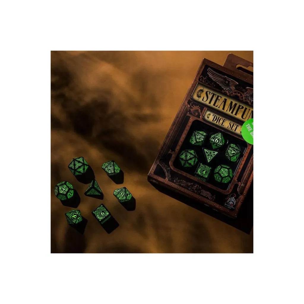 Set de 7 Dés Polyédriques Steampunk Noirs Phosphorescents pour JDR et JDP - 5