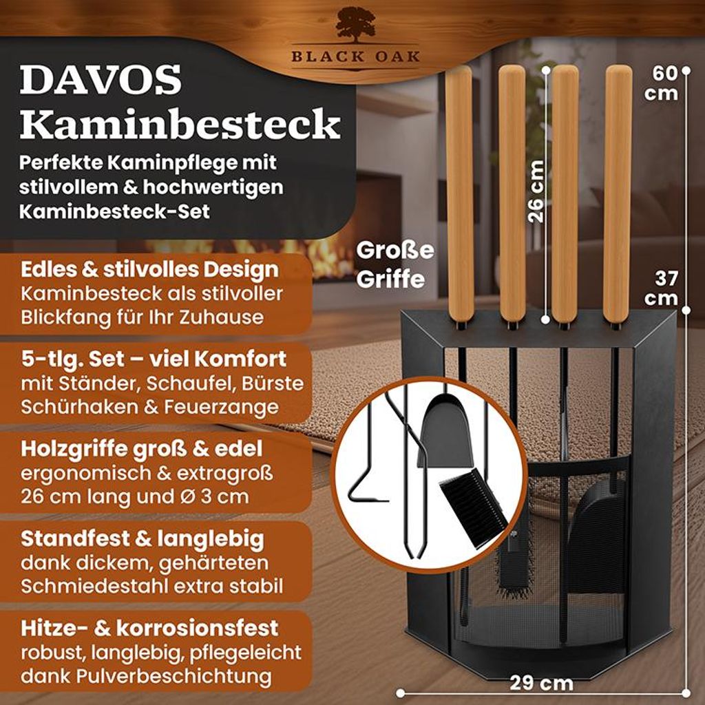 BLACK OAK Kaminbesteck DAVOS 5-teilig H60xB29xT16cm schwarz Produktbild 