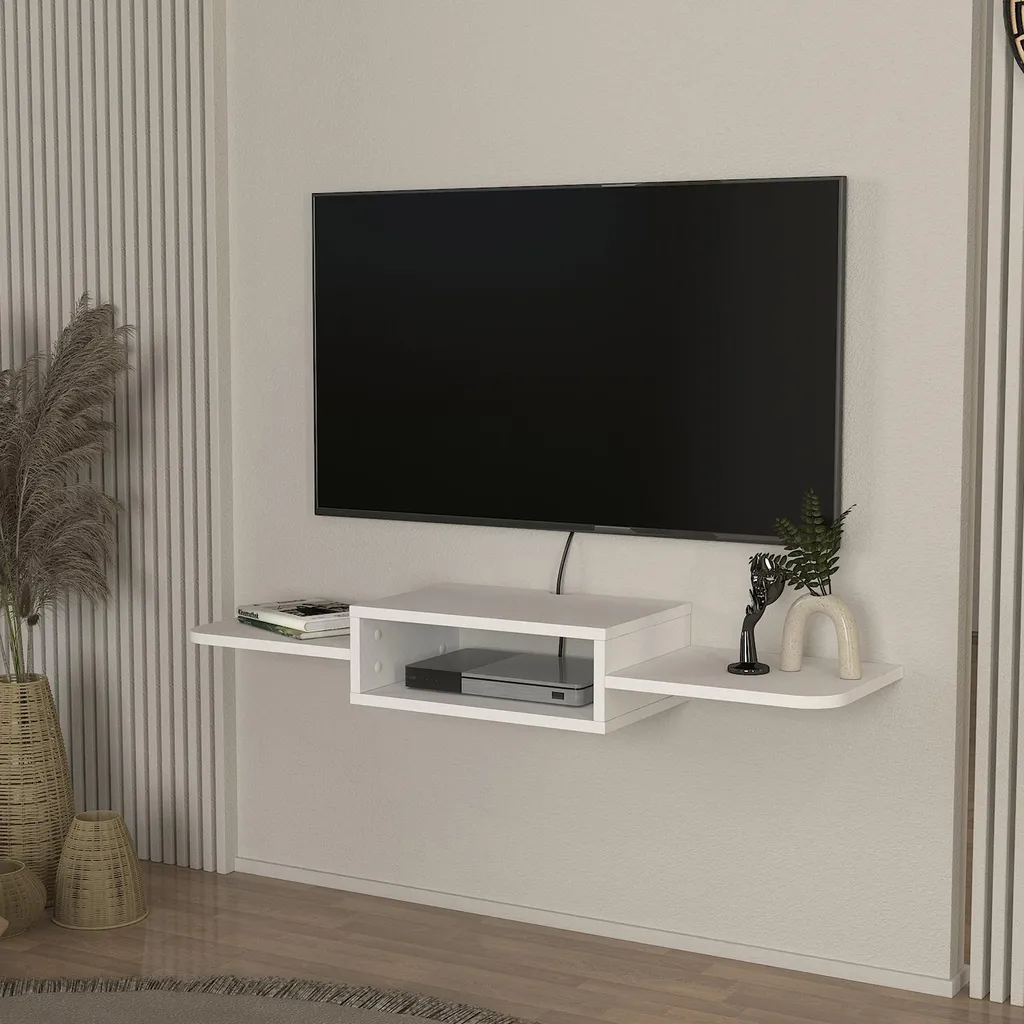 Meuble TV mural design Blanc Tar 115 cm - Buffet suspendu gain de place