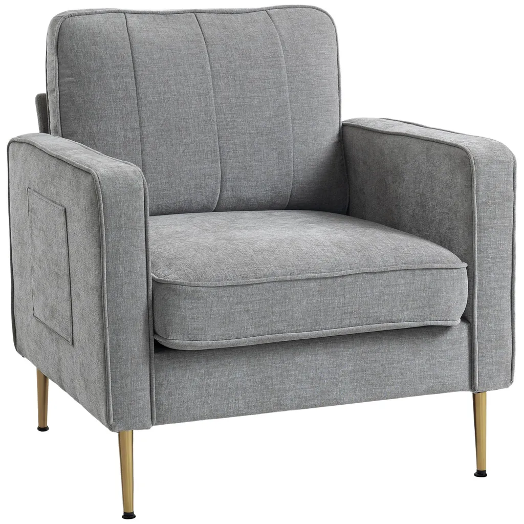 Fauteuil confortable gris avec pochettes de rangement et pieds en métal doré