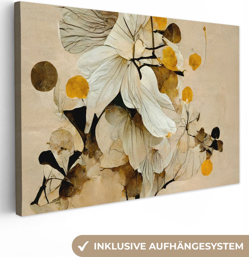 MuchoWow - Leinwandbilder - Blumen - Pflanzen - Gold - Vintage, Wandbild, Wanddeko Bilder Wohnzimmer, 90x60 cm