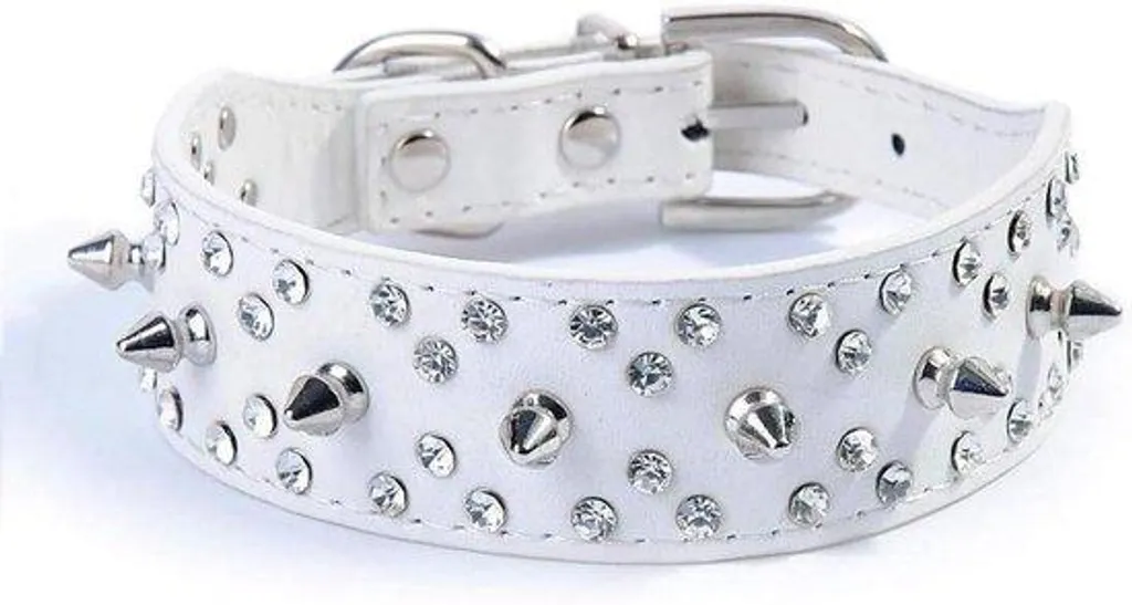 Collier en cuir blanc à clous et strass pour grand chien - Série Spike