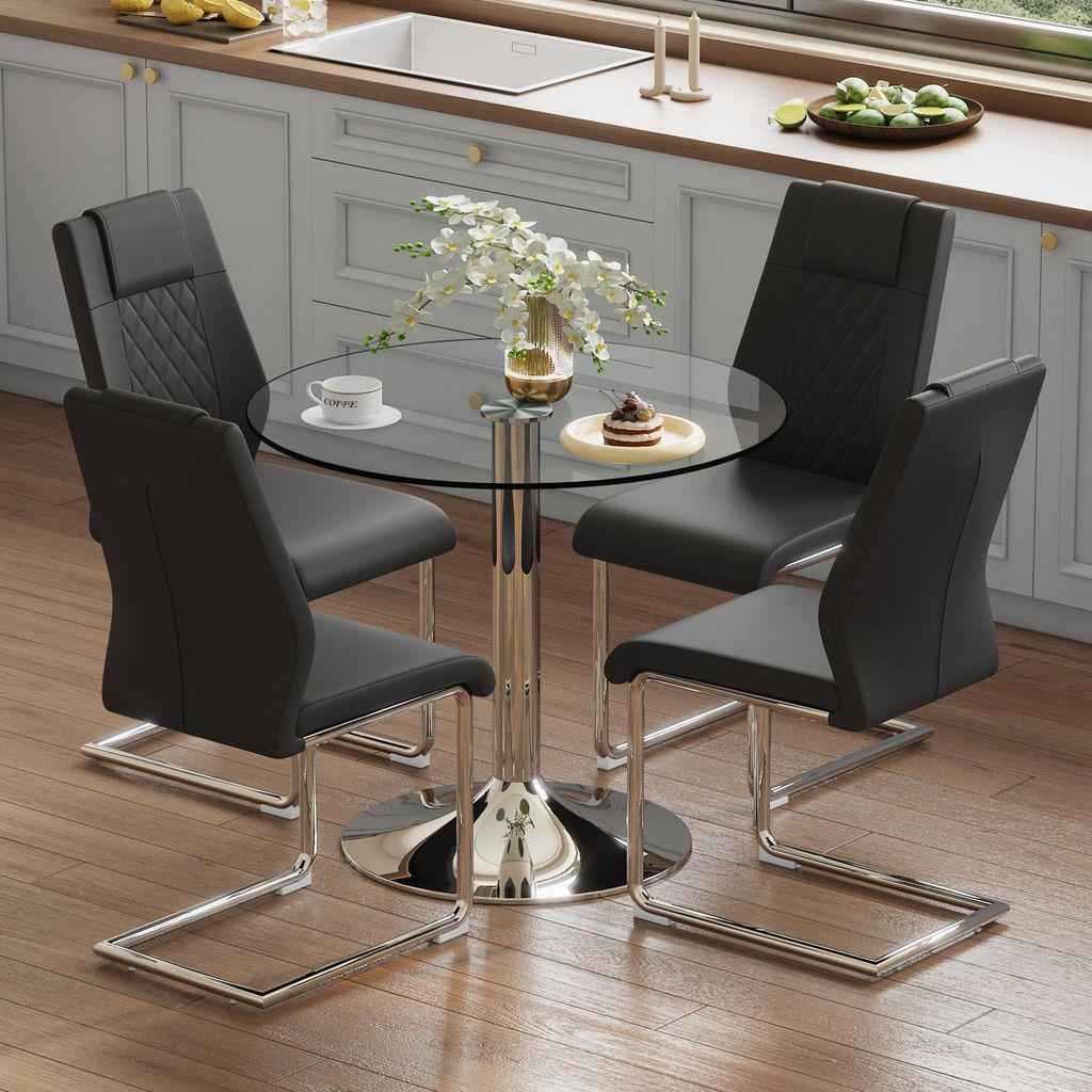 Modernes Esstisch-Set Rund Ø 85cm - Glastisch aus Sicherheitsglas mit 4 Kunstleder Stühlen - Platzsparende Essgruppe für Küche & Wohnzimmer