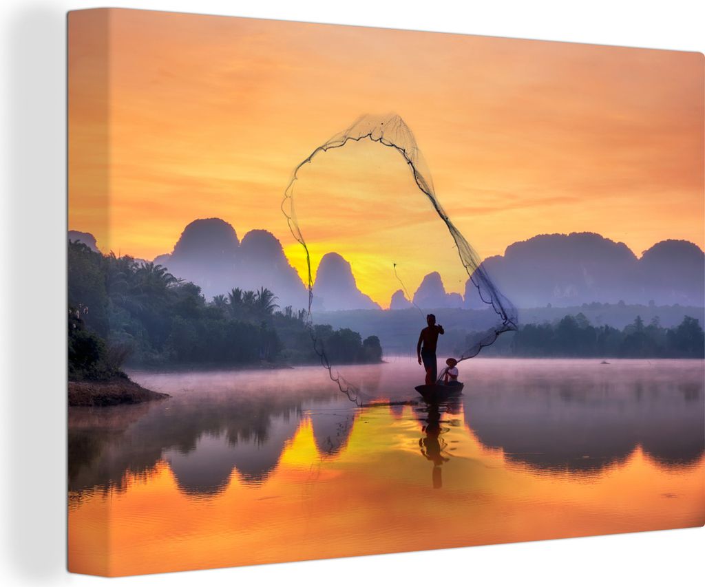 OneMillionCanvasses - Leinwandbilder - 140x90 cm, Silhouette eines Fischers, Wandbilder Kunstdruck Wanddekoration