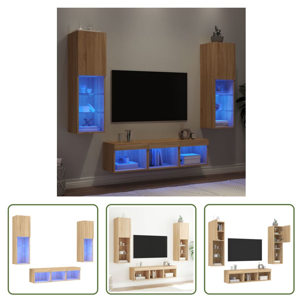 The Living Store 5-tlg. Wohnwand mit LED-Beleuchtung Sonoma-Eiche Holzwerkstoff