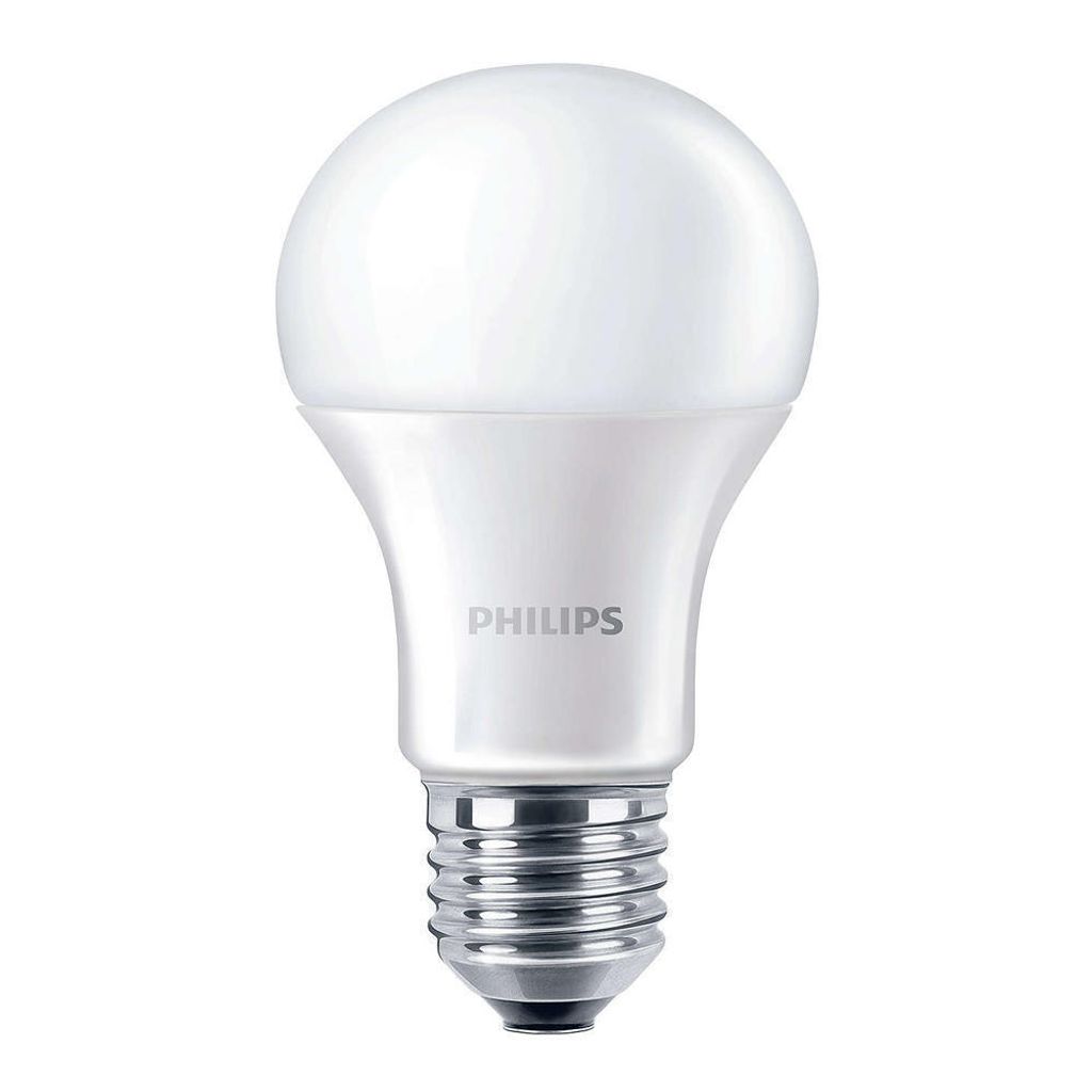 A Philips LED light bulb on a white background.