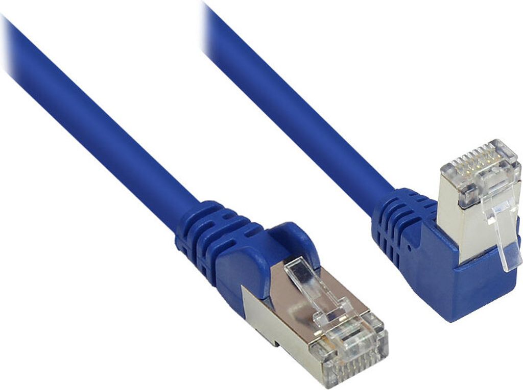Patchkabel, Cat. 6, S/FTP, PiMF, 250MHz, einseitig 90° nach unten gewinkelt, blau, 1m, Good Connections