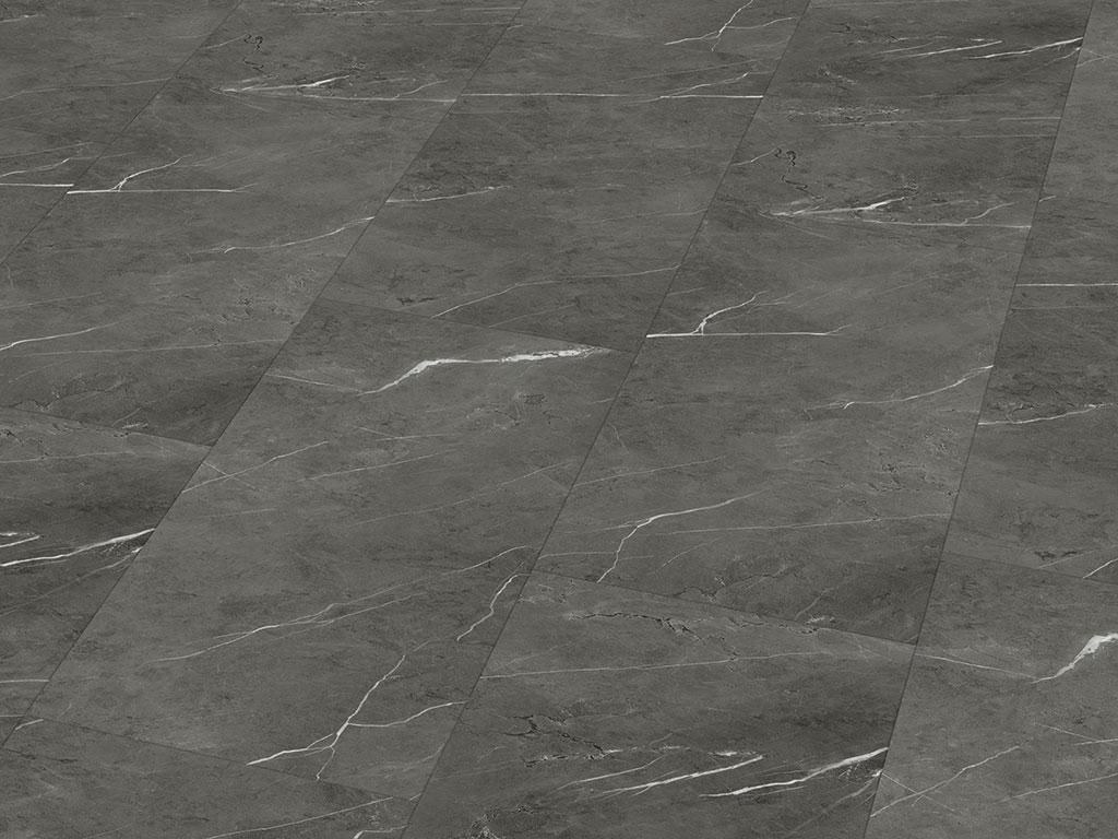 A close-up view of grey marble-patterned floor tiles.