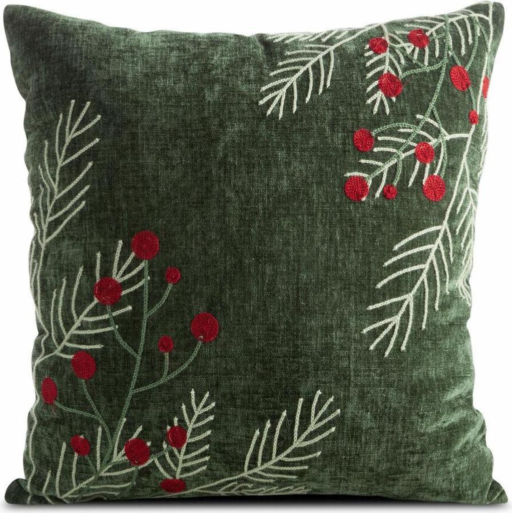EUROFIRANY | Dekokissenbezug - Weihnachtskissenbezug - 45 x 45 cm - Grün - Tannenzweigen - Weihnachts-Zierkissenbezug - Beeren