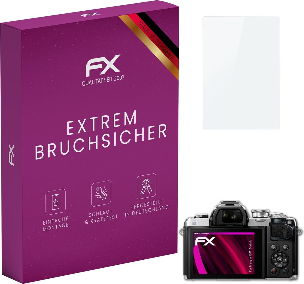 atFoliX FX-Hybrid-Glass Displayfolie kompatibel mit Olympus E-M10 Mark III Glasfolie