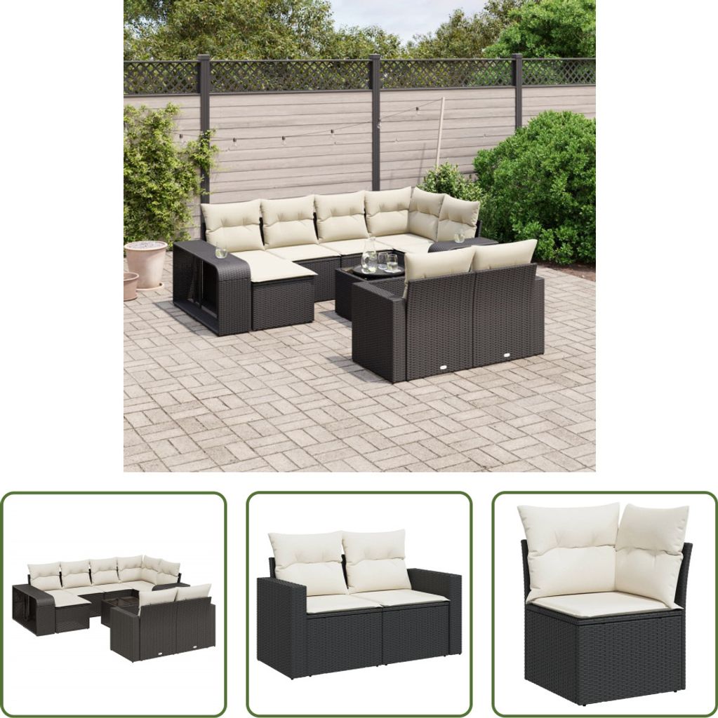 The Living Store 11-tlg. Garten-Sofagarnitur mit Kissen Schwarz Poly Rattan