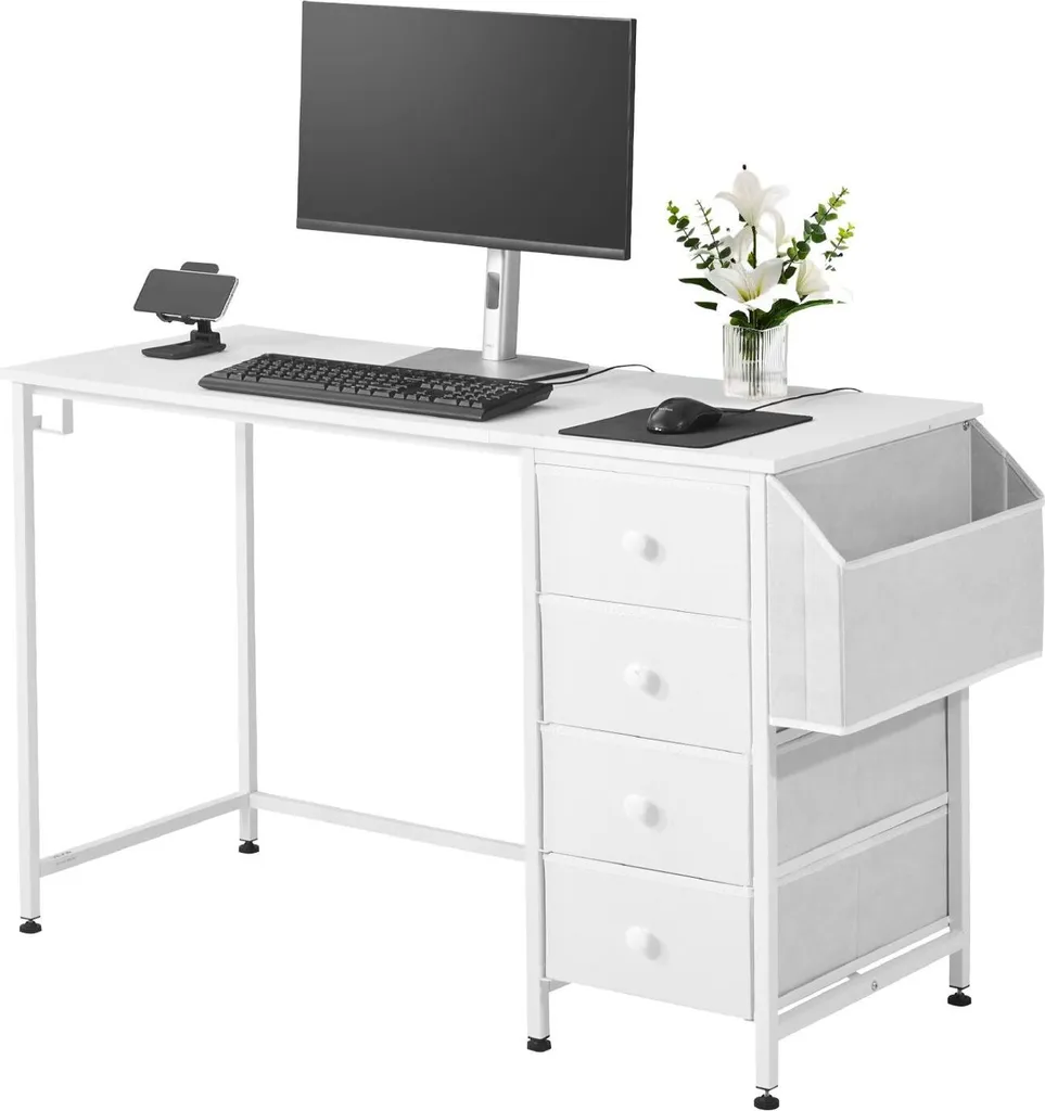 Bureau ordinateur 120 cm avec tiroirs en tissu réversible blanc Loft