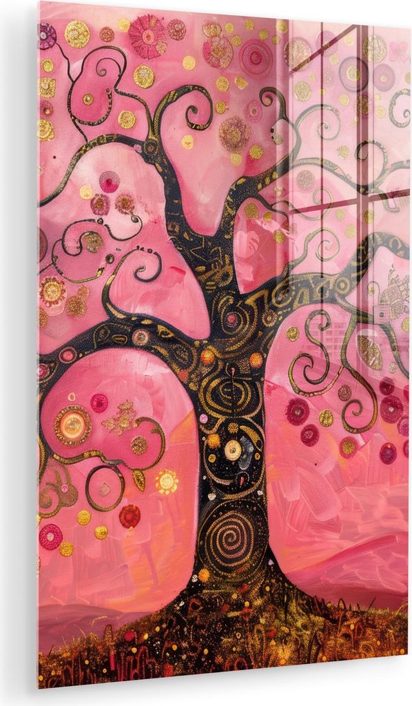 MuchoWow Glasbilder - Bilder auf Wandbild - Foto auf Glas Baum - Baum des Lebens - Rosa - Gold 40x60 cm Wanddekoration aus Glas - Acrylglasbild - A...