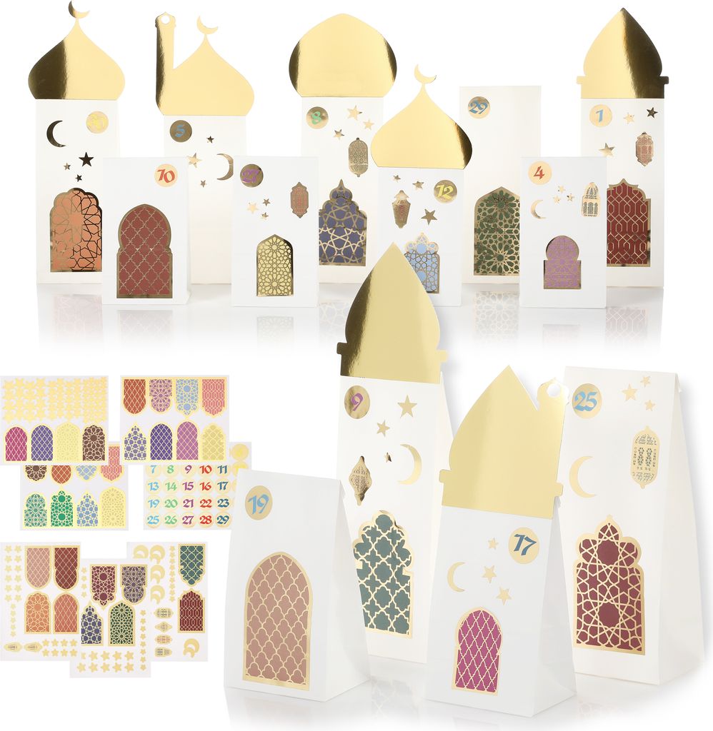 CraftWerk Ramadan Kalender zum Befüllen - 30 Geschenktüten mit Aufklebern und Dächern zum Aufstellen und Dekorieren - Eid Mubarak DIY Bastel Set