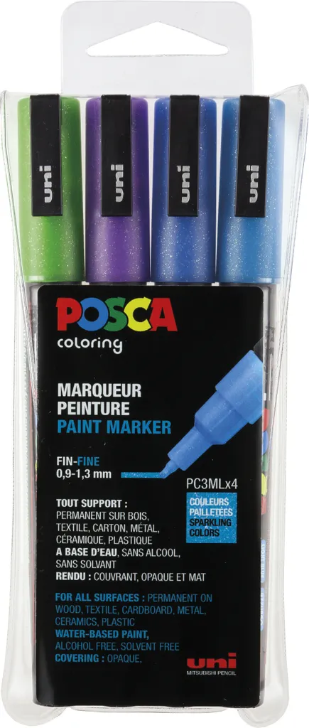 POSCA PC-3M Glitter 2 Set de 4 marqueurs peinture à pointe fine 1mm