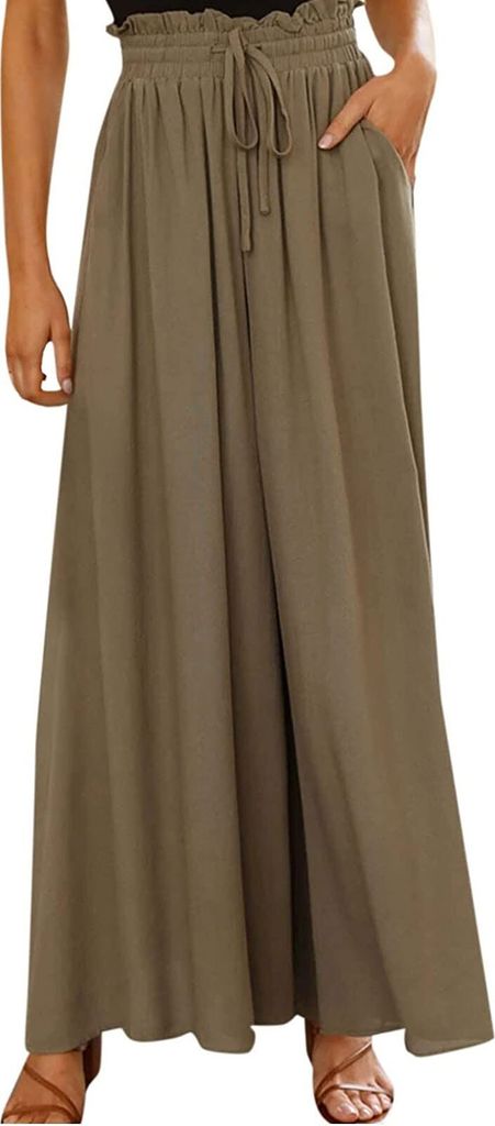 ASKSA Damen Breites Bein Hose Sommer Hohe Waist Plissee Hosen Leicht Hosenrock Sommerhose Freizeithose, Armeegrün, L