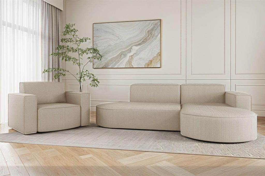 Sofa Set 2-teilig Sessel und Ecksofa PALMA XS Stoff Scala Sand Ottomane Rechts