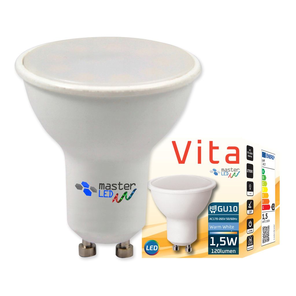 A product shot of a white LED light bulb with a smaller inset image of the same bulb and packaging details.
