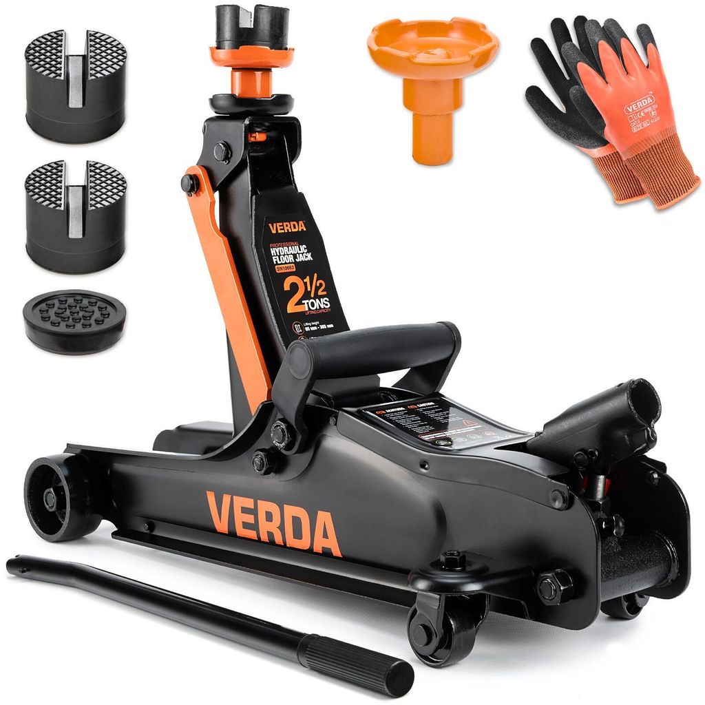 A black and orange hydraulic floor jack with accessories on a white background.