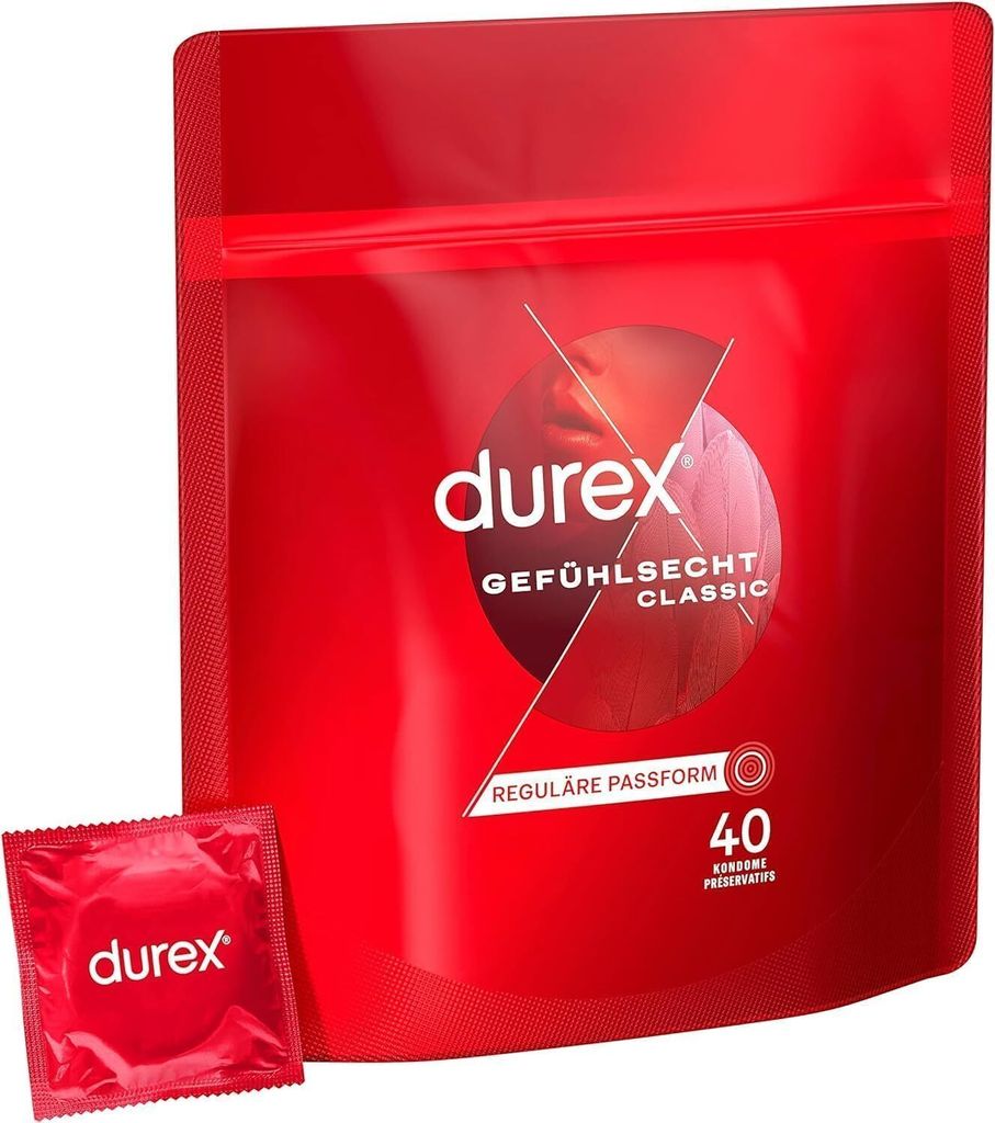 A package of Durex condoms and one individual condom wrapper.