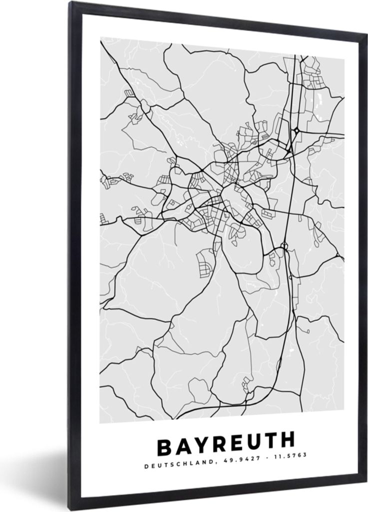 MuchoWow Gerahmtes Poster Bayreuth - Karte - Stadtplan - Deutschland 20x30 cm - Poster mit Schwarzem Bilderrahmen Wandposter Rahmen Foto Bilder -...