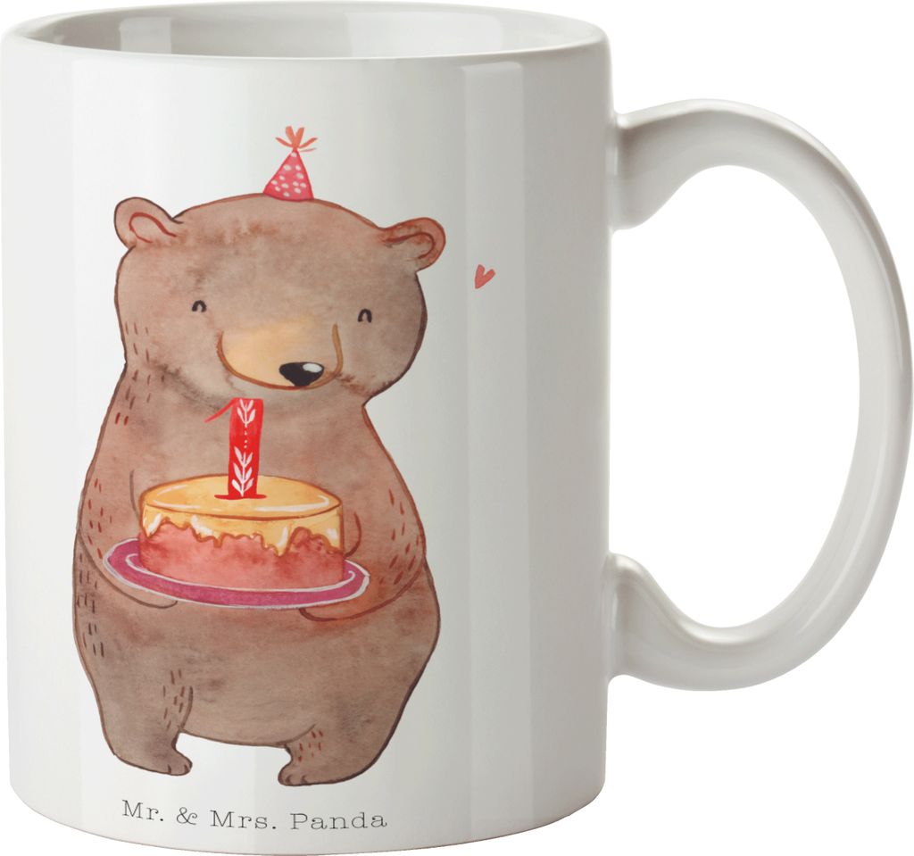 Mr. & Mrs. Panda Kaffeebecher Bär Torte 1. Geburtstag - Weiß - Geschenk, cappuccinotasse, Feiern, Kaffeetasse, Becher, Pott, Party, Kaffeepott, K...