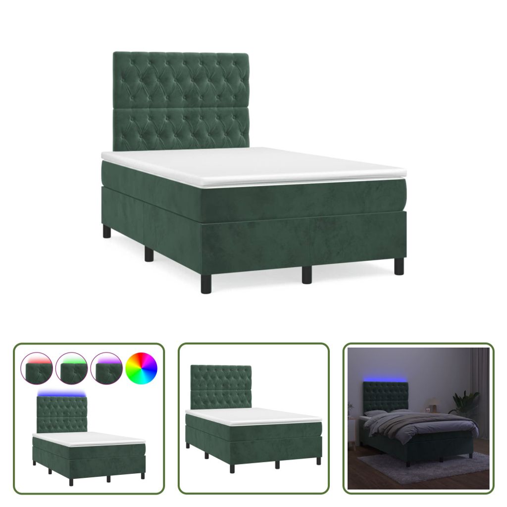 The Living Store Boxspringbett mit Matratze & LED Dunkelgrün 120x190 cm Samt