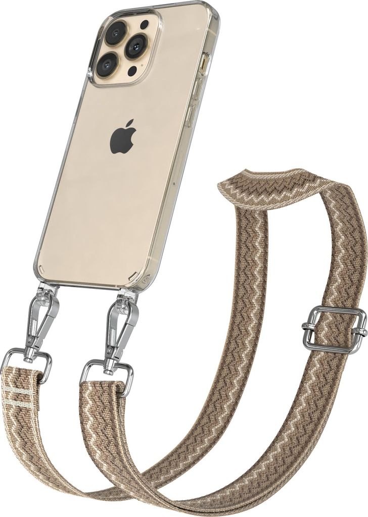 Apple iPhone 13 Pro Chain Eyelets Slim Neck Strap Set Wave Style 07 light Brown/Brown 01 Metall Silver