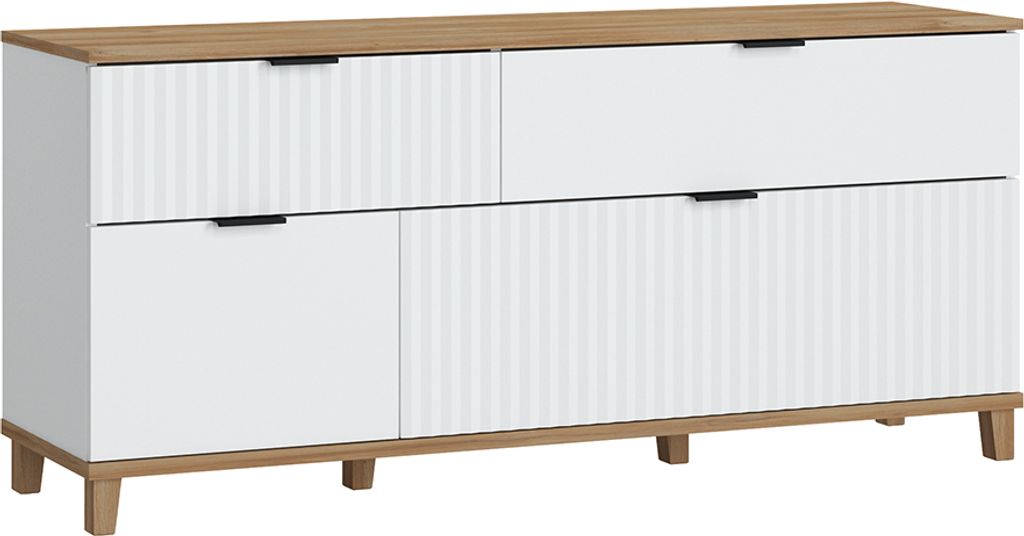 Wohnzimmer TV-Lowboard PLYMOUTH-129 in weiß mit Eiche Nb., B/H/T ca. 144,8/65,6/40 cm