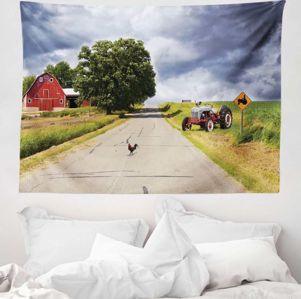 ABAKUHAUS ländlich Wandteppich, Scheune und Traktor auf Seite aus Weiches Mikrofaser Stoff Waschbar ohne Verblassen Digitaldruck, 150 x 110 cm, Me...