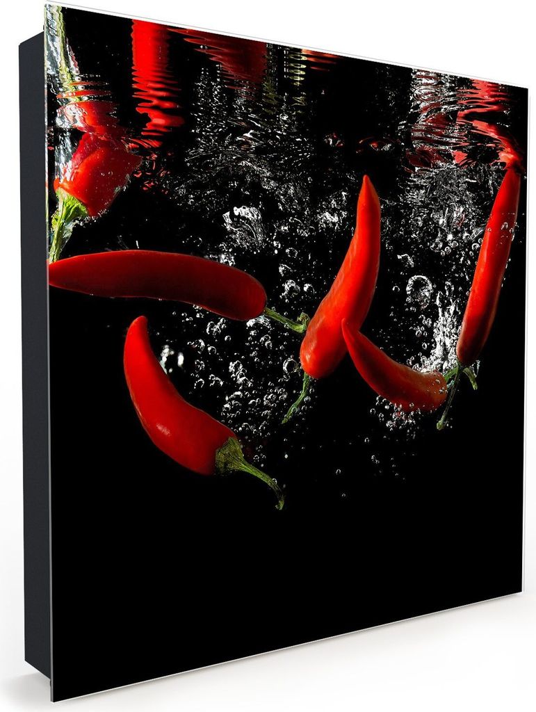 Nachbildung-Schlüsselkasten, Magnetpinnwand und Memoboard mit Glasfront Motiv Chilischote auf Wassersplash
